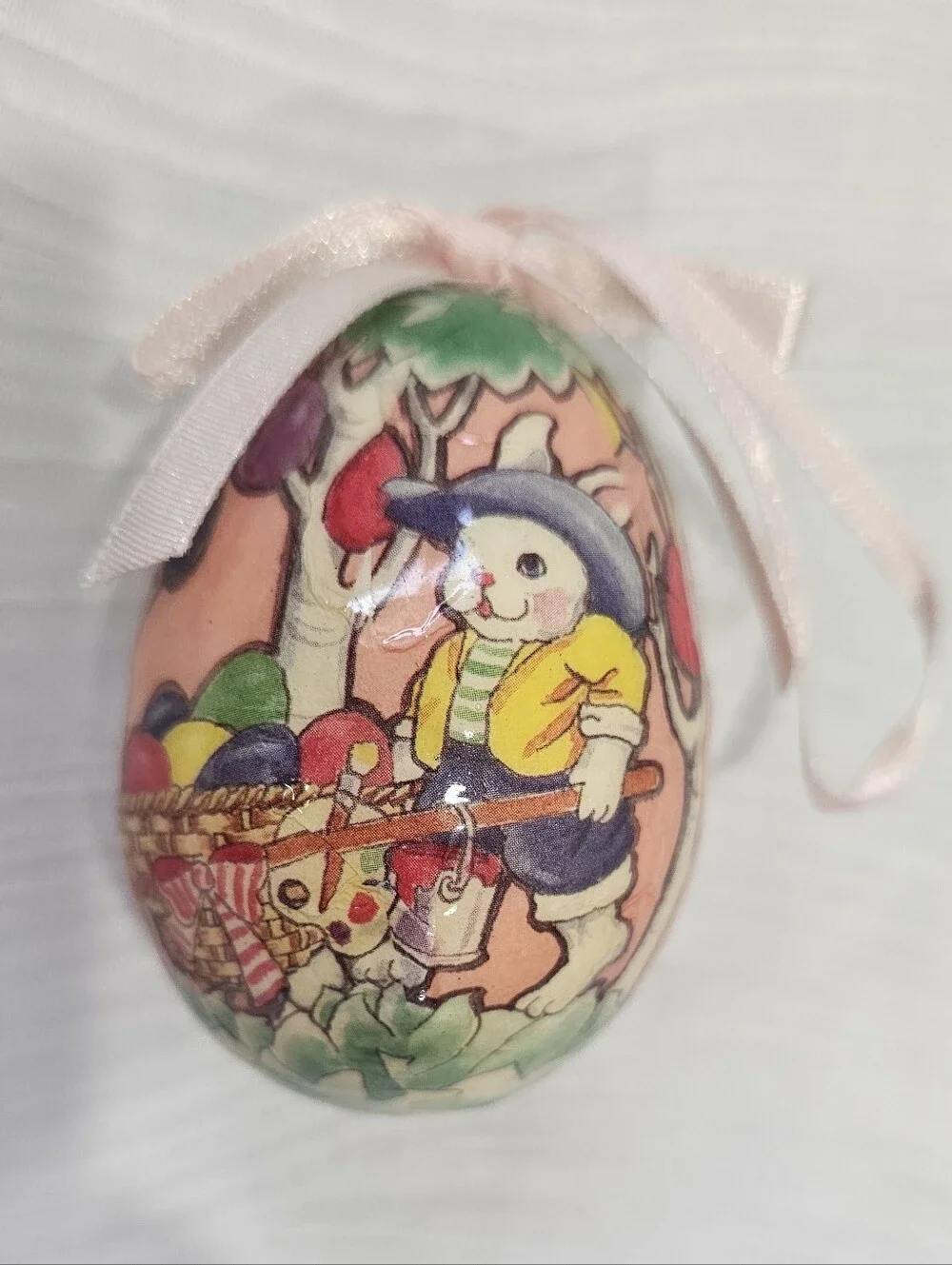 Vintage Pink Paper Mache Bunny Easter Egg Ornament with Ribbon